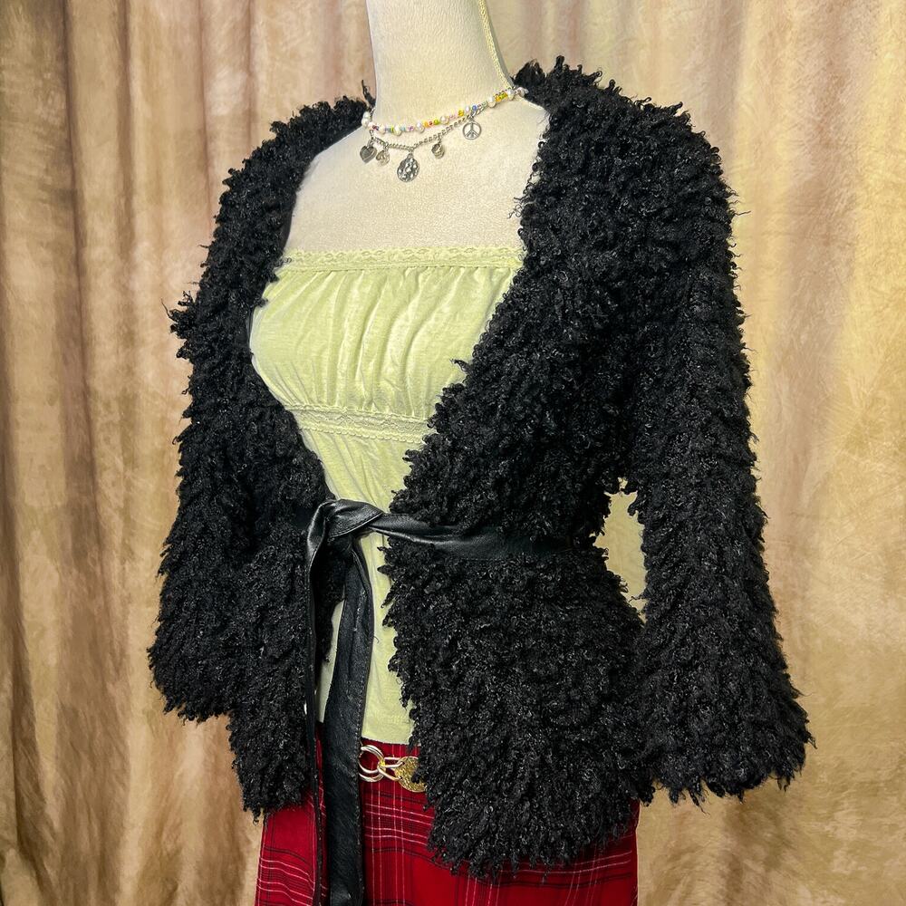 Vintage Y2K Faux Fur Jacket Black Fuzzy Tie Front 3/4 Sleeve Indie Sleaze Punk